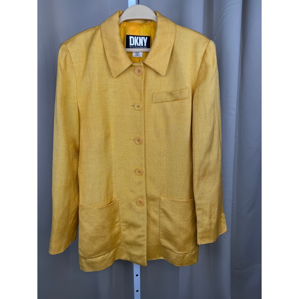 Y2K DKNY Linen Blend Blazer‎ Golden Mustard Yellow Jacket Italian Made Preppy 4